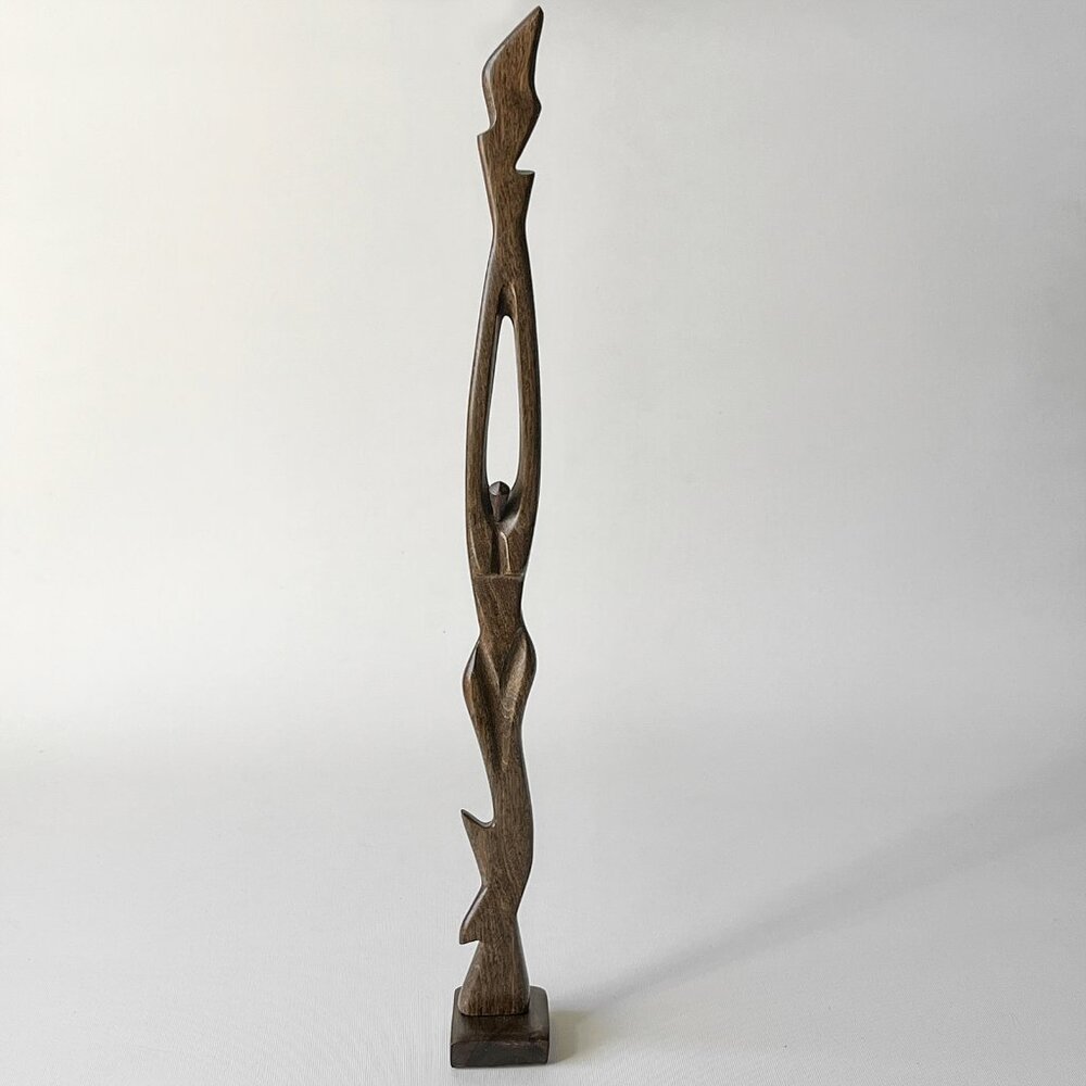 Wood Sculpture Prince Mermaid Holding Up Torch Handmade Figurine 13.5"